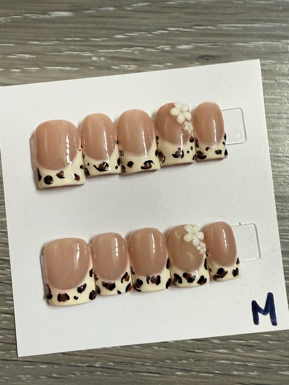 Nude Pink Baby Duck Press-On Nails with Leopard Tips and Floral Accent